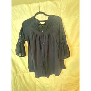 ADIVA Women Navy Blue Lace‎ Sleeve Button Up Blouse Top Size M